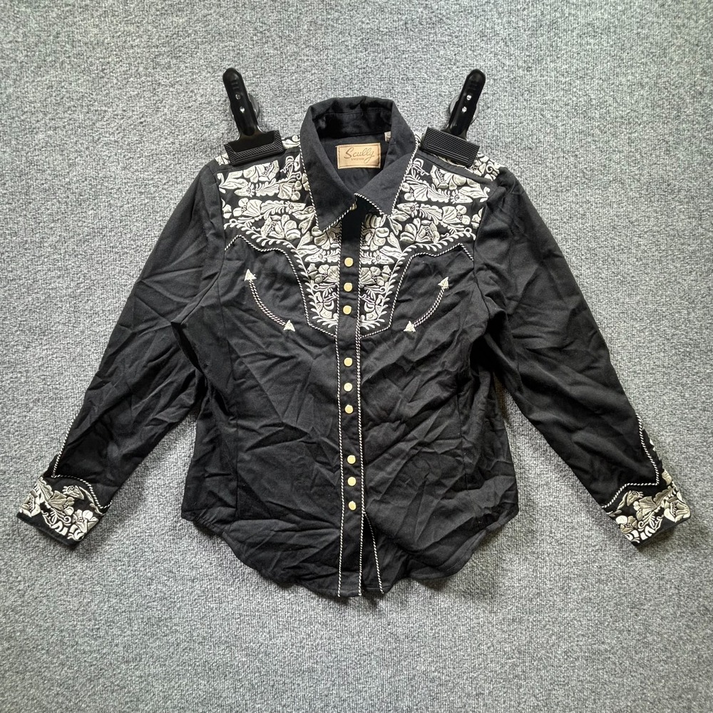 Scully Western Shirt Womens M Black Floral Embroidered Snap P-654 Cowgirl Rodeo